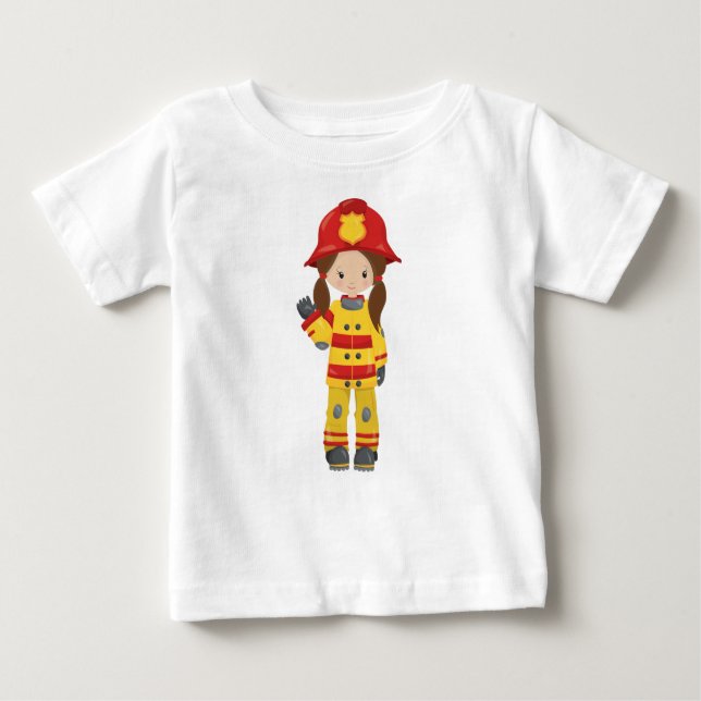 T-shirt Pour Bébé Fille pompier, Pompière femme, Cheveux Brown (Devant)