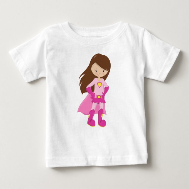 T-shirt Pour Bébé Fille super-héroïne, Cheveux bruns, Jolie Fille, C (Devant)