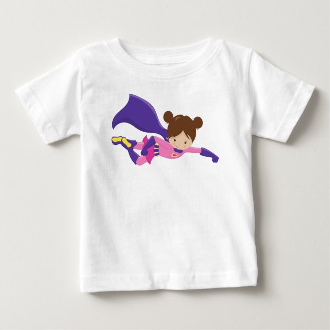 T-shirt Pour Bébé Fille Super-Héroïne, Cheveux Marrons, Cape Violett (Devant)