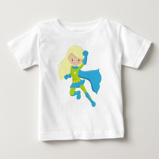 T-shirt Pour Bébé Fille Super-héroïne, Fille Mignonne, Cheveux Blond (Devant)
