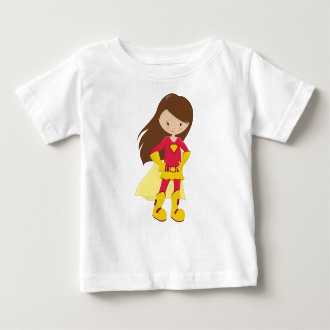 T-shirt Pour Bébé Fille super-héroïne, Fille mignonne, Cheveux bruns (Devant)