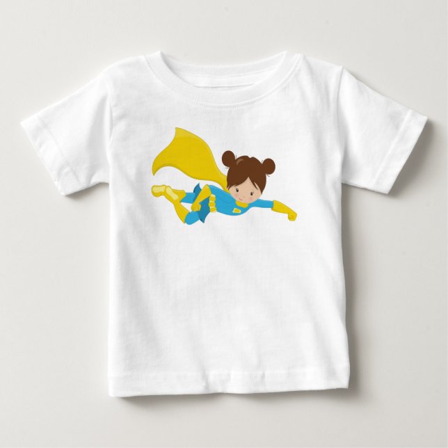 T-shirt Pour Bébé Fille Super-héroïne, Fille Mignonne, Cheveux Bruns (Devant)