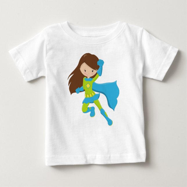 T-shirt Pour Bébé Fille Super-héroïne, Jolie Fille, Cheveux Bruns, C (Devant)