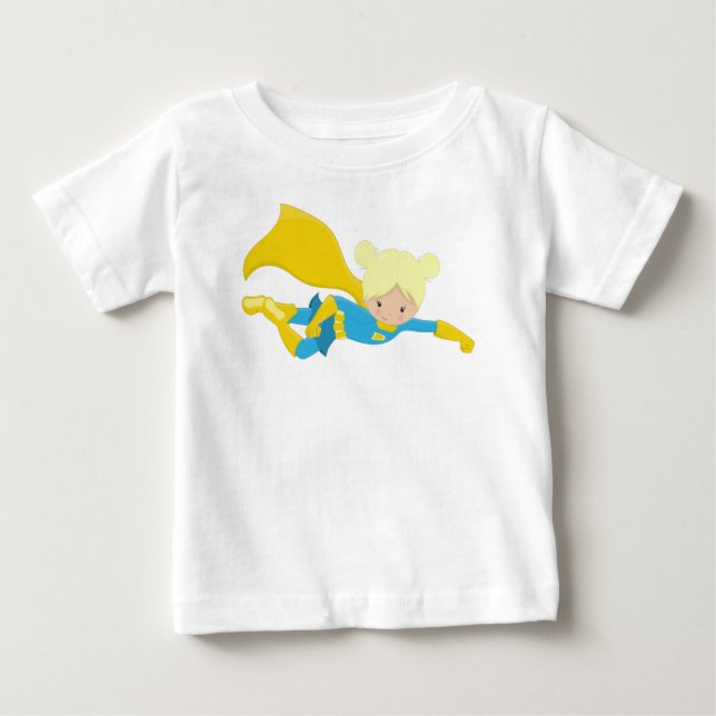 T-shirt Pour Bébé Fille Super-Héros, Cheveux Blonds, Héros, Cape Jau (Devant)