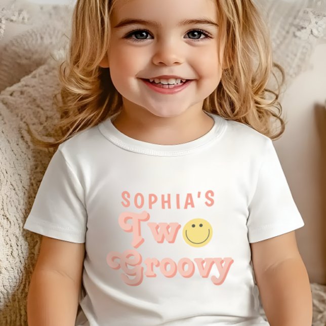T-shirt Pour Bébé Filles Deux Groovy Rétro Rose Anniversaire   (Créateur téléchargé)