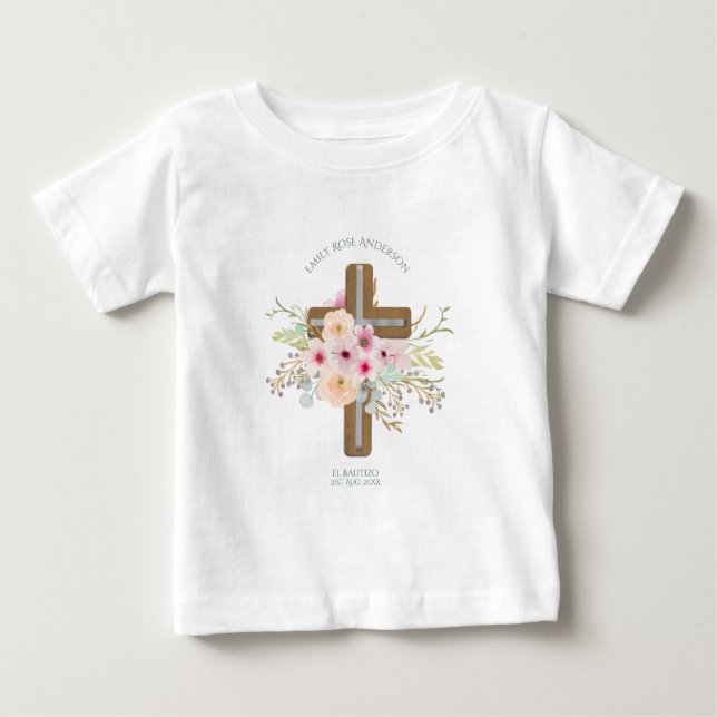 T-shirt Pour Bébé Filles Fleurs roses BAUTIZO Baptême Bautismo Nommé (Devant)