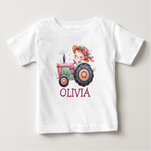 T-shirt Pour Bébé Filles Joli Tracteur rose Personnalisé