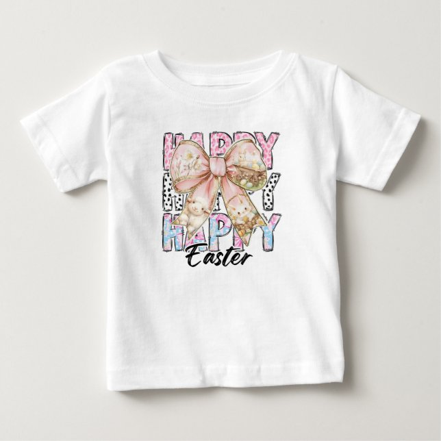T-shirt Pour Bébé Filles Joyeuses Pâques Coquette Nœud (Devant)