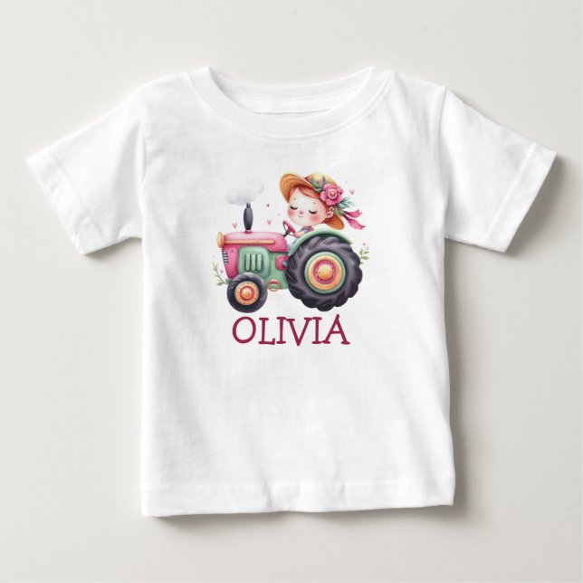 T-shirt Pour Bébé Filles Mignon Tracteur Rose Personnalisé (Devant)
