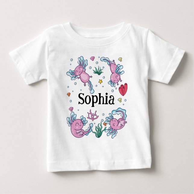 T-shirt Pour Bébé Filles Mignonnes et Moderne Axolotl Rose et Nom En (Devant)