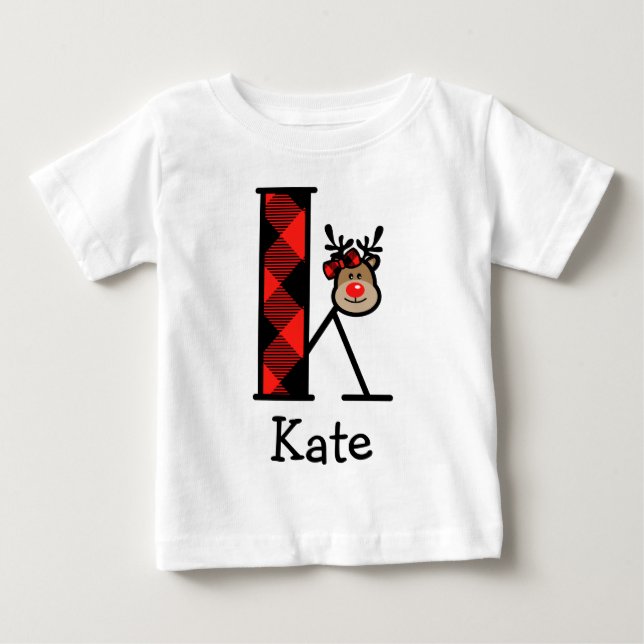T-shirt Pour Bébé Fille's Reindeer Xmas Plaid Ruffle Tee initial K (Devant)