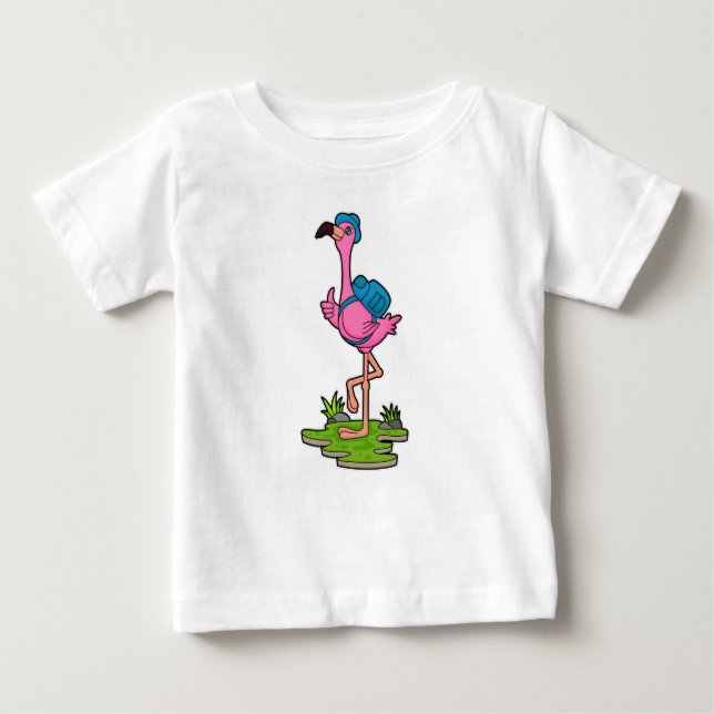 T-shirt Pour Bébé Flamant rose comme randonneur avec sac à dos (Devant)