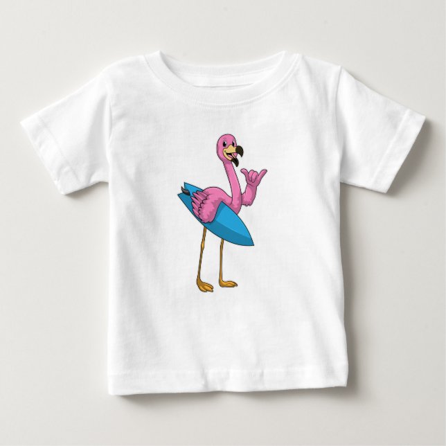 T-shirt Pour Bébé Flamant rose comme Surfer avec Surfboard (Devant)