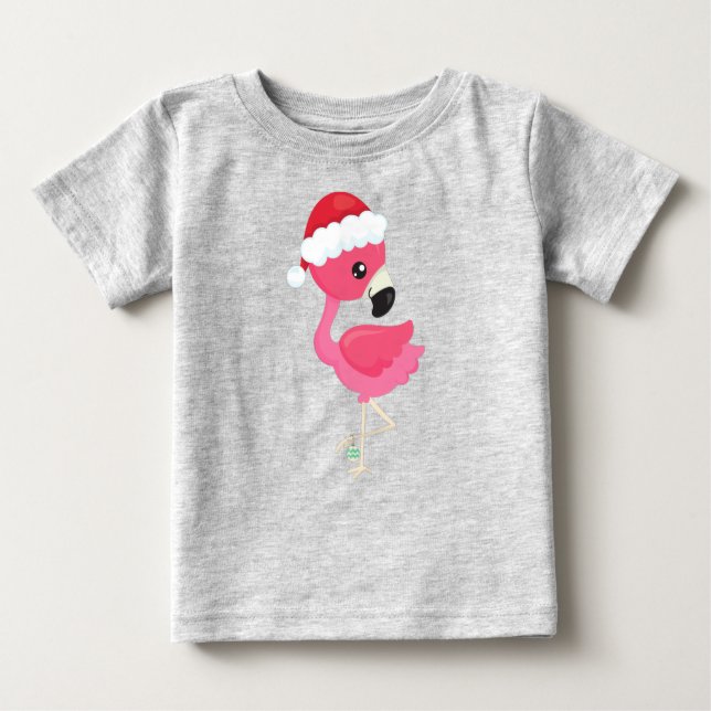 T-shirt Pour Bébé Flamant rose de Noël, Flamant rose rose, Santa Hat (Devant)