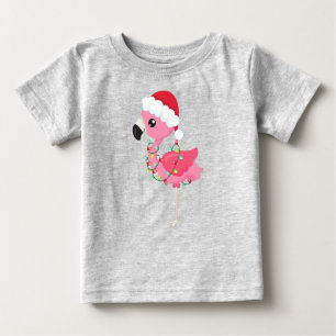 T-shirt Pour Bébé Flamant rose de Noël, Santa Hat, Lumières de Noël