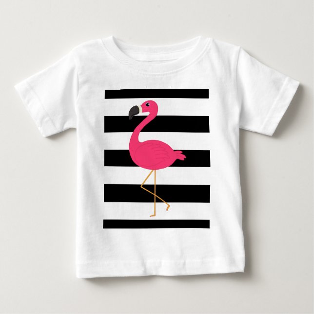 T-shirt Pour Bébé Flamant rose noir et blanc de rose de rayure (Devant)