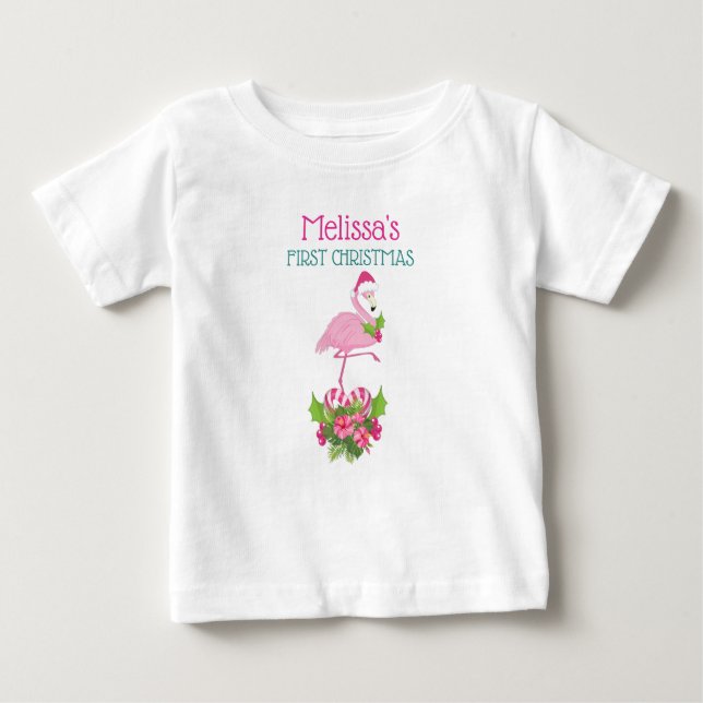 T-shirt Pour Bébé Flamant rose rose à Santa Hat 1er Noël (Devant)