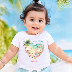 T-shirt Pour Bébé Flamant rose Rose Vacances été Tropical Girl Beach