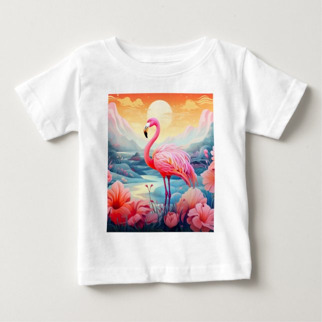 T-shirt Pour Bébé Flamant Tropical avec Fleurs (Devant)