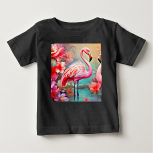 T-shirt Pour Bébé Flamants roses roses dans un lac avec fleurs-20231