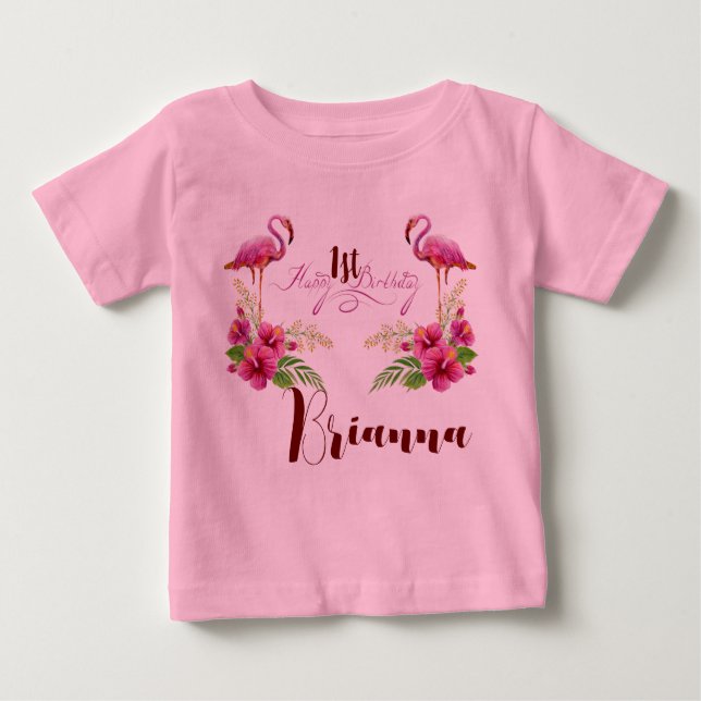 T-shirt Pour Bébé Flamingo Hibiscus Rose personnalisé Anniversaire F (Devant)