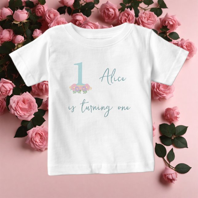 T-shirt Pour Bébé Fleur bleue, pastel rose 1ère fête d'anniversaire (Créateur téléchargé)