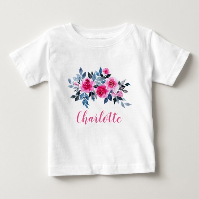 T-shirt Pour Bébé Fleurs d'aquarelle rose personnalisées (Devant)