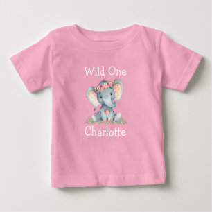 T-shirt Pour Bébé Fleurs d'éléphants 1er anniversaire sauvage rose