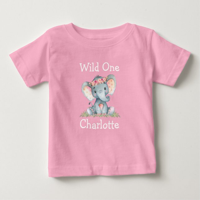 T-shirt Pour Bébé Fleurs d'éléphants 1er anniversaire sauvage rose (Devant)