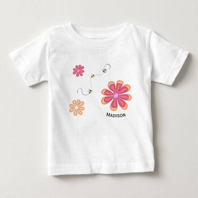 T-shirt Pour Bébé Fleurs et abeilles avec nom (Devant)