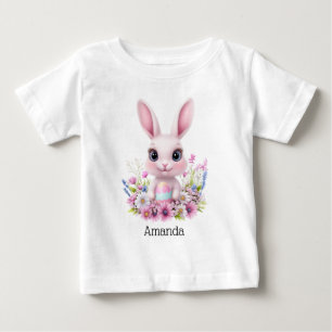 T-shirt Pour Bébé Fleurs roses de lapin mignonnes à l'oeuf de Pâques