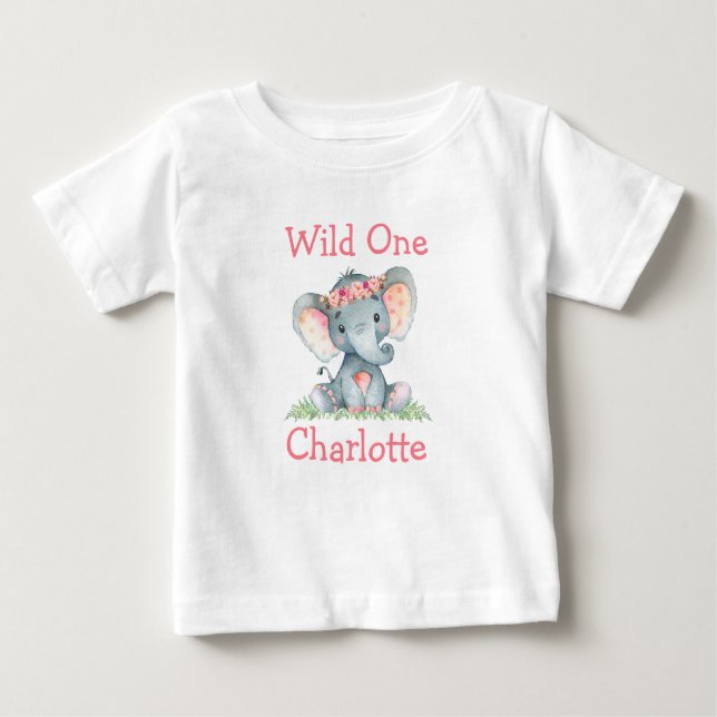 T-shirt Pour Bébé Fleurs roses d'éléphant 1er anniversaire sauvages (Devant)