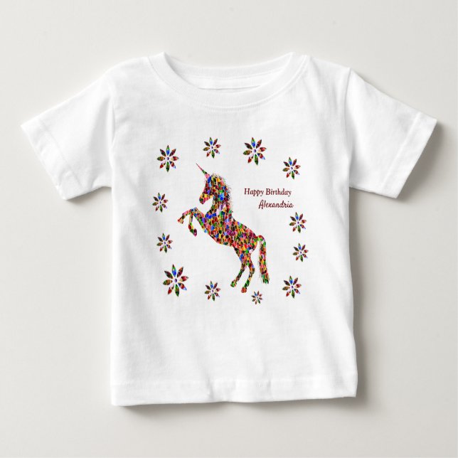 T-shirt Pour Bébé Fleurs Unicorne Magique Anniversaire Personnaliser (Devant)