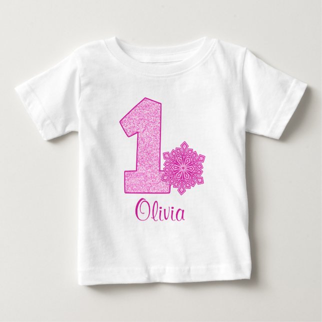 T-shirt Pour Bébé Flocon de neige rose 1er anniversaire Personnalisé (Devant)