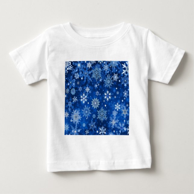 T-shirt Pour Bébé Flocons de Noël Bleus et Argent (Devant)