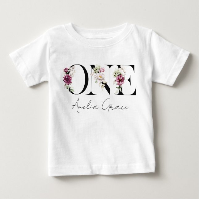 T-shirt Pour Bébé Floral ONE Baby Girl's 1st Birthday + Nom tenue (Devant)