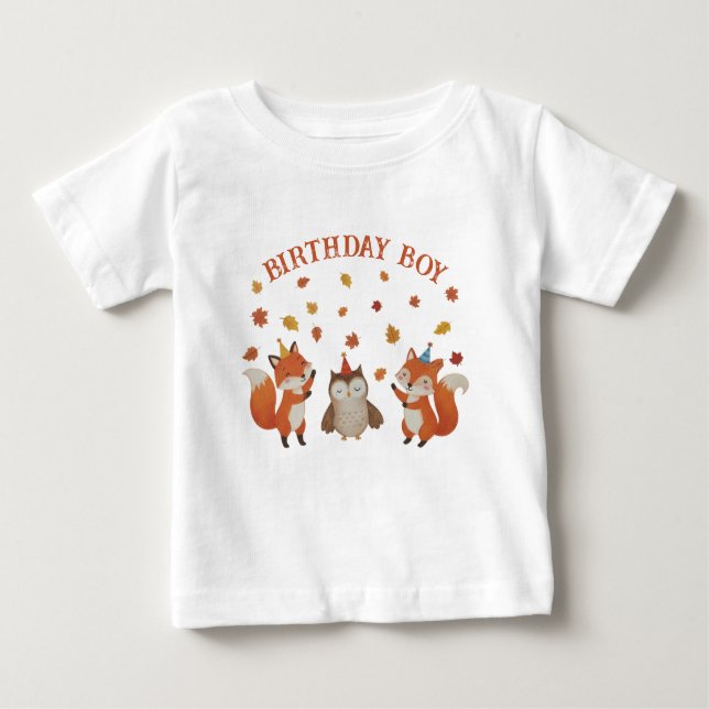 T-shirt Pour Bébé Foxes and Owl Woodland Fall Birthday Party (Devant)