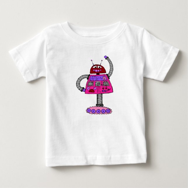 T-shirt Pour Bébé Frankie Robot : Rose sur blanc (Devant)