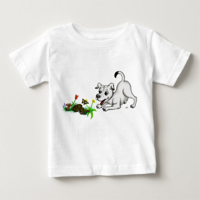 T-shirt Pour Bébé Frühlingserwachen, Welpe mit Schmetterling (Devant)