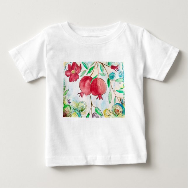 T-shirt Pour Bébé Fruits de grenade nature art aquarelle rouge (Devant)