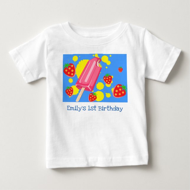 T-shirt Pour Bébé Fun Popsicle rose et fraises 1er anniversaire (Devant)