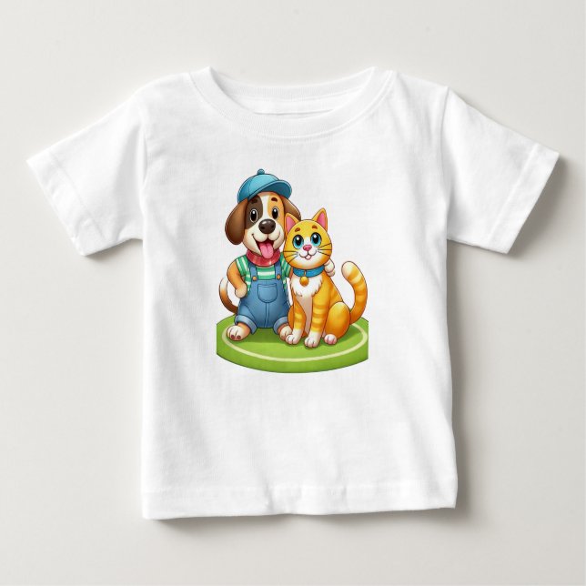 T-shirt Pour Bébé Furry Friends Forever : Chien et Chat Ensemble (Devant)