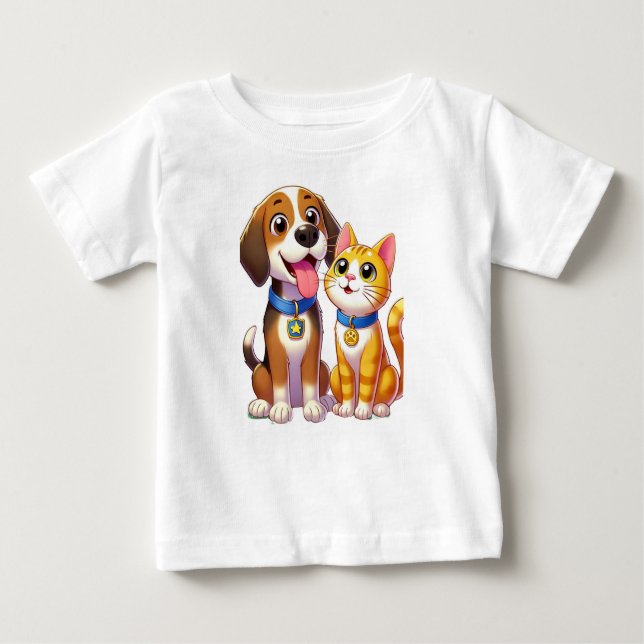 T-shirt Pour Bébé Furry Friends Forever : Chien et Chat Ensemble (Devant)