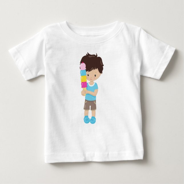T-shirt Pour Bébé Garçon Avec Crème De Glace, Cheveux Brown, Cône De (Devant)