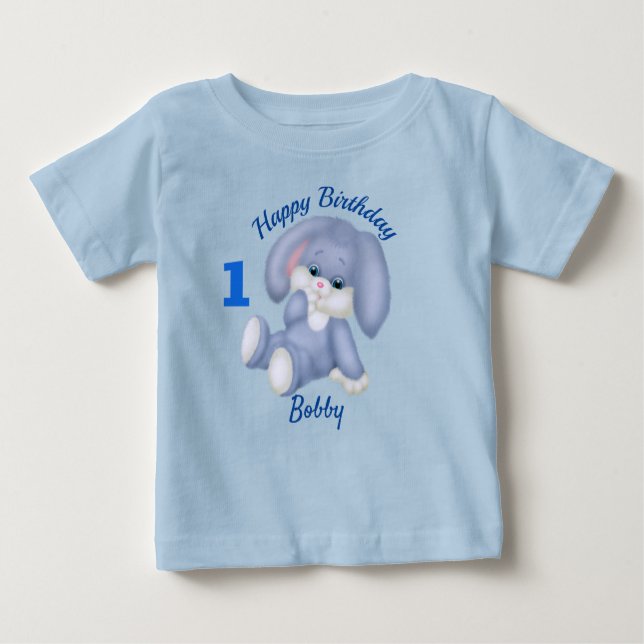 T-shirt Pour Bébé Garçon Blue Bunny 1er Anniversaire Personnaliser N (Devant)