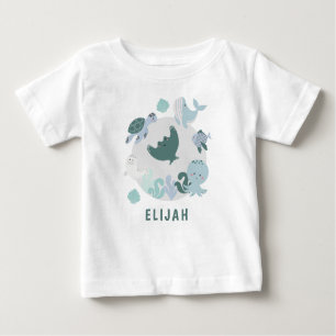 T-shirt Pour Bébé Garçons Bleus Sous L'Océan Mer Animaux Avec Le Nom