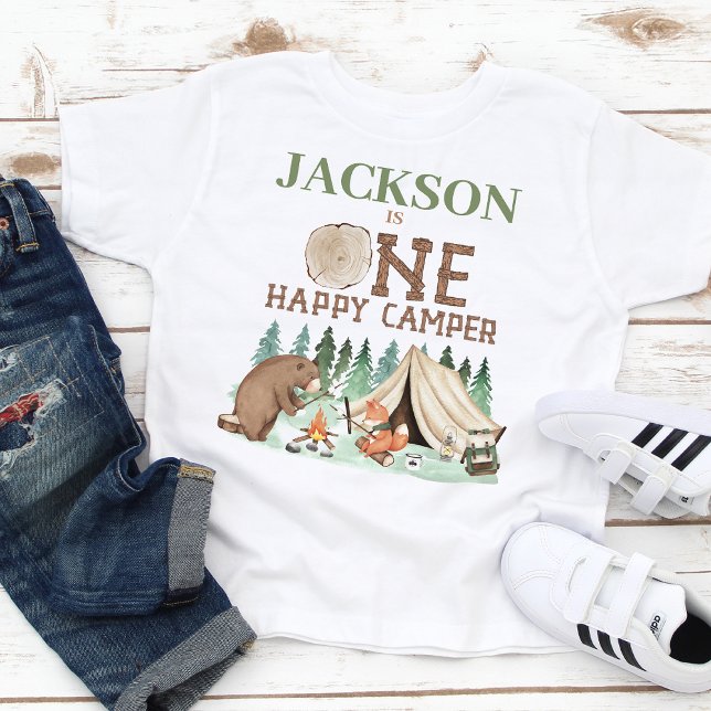 T-shirt Pour Bébé Garçons Brown Green One Happy Camper 1er Anniversa (Sweet Happy Camper 1st Birthday T-shirt For Baby Boy, Brown Bear Tent Wood-like Words Pine Trees)