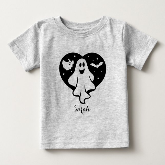 T-shirt Pour Bébé Ghost Halloween mignon Avec Coeur Et Chat (Devant)