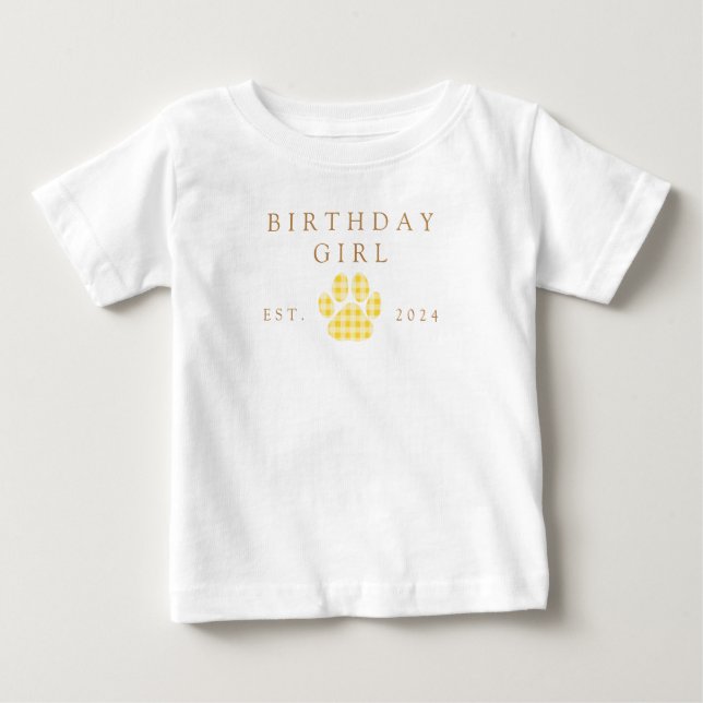 T-shirt Pour Bébé Gingham Jaune Anniversaire Empreinte de Patte Anni (Devant)