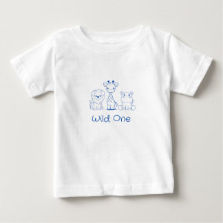 T-shirt Pour Bébé Girafe, lion, hippopotame "Wild One" contour bleu